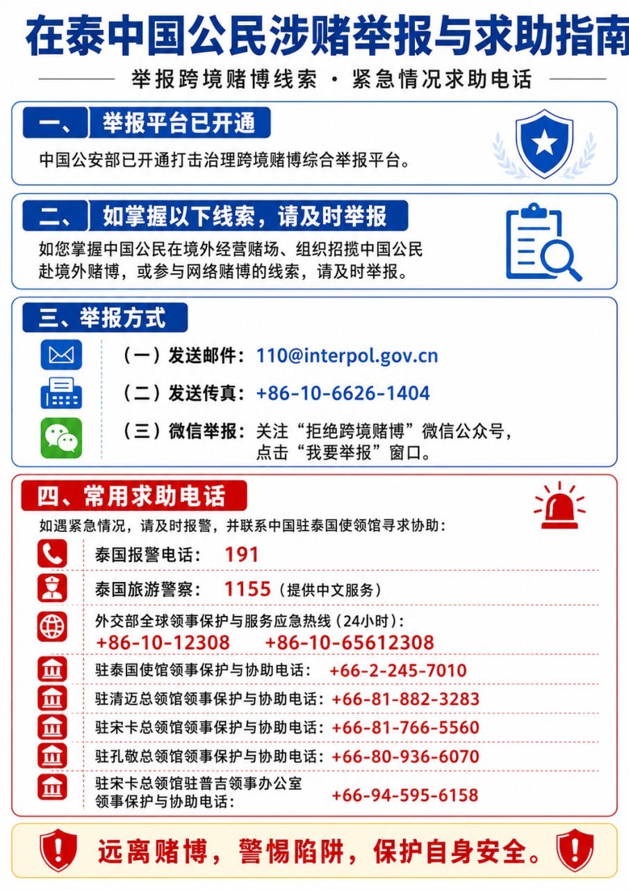 驻泰使馆紧急发文：在泰中国公民远离赌博 警惕高薪招工与杀猪盘陷阱-亚太警务报道